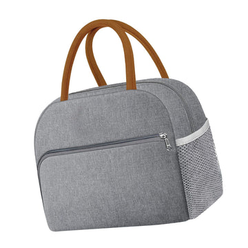 Grey reusable insulated lunch bag for women and men, leakproof thermal food box suitable for office, picnics, and outdoor trips.