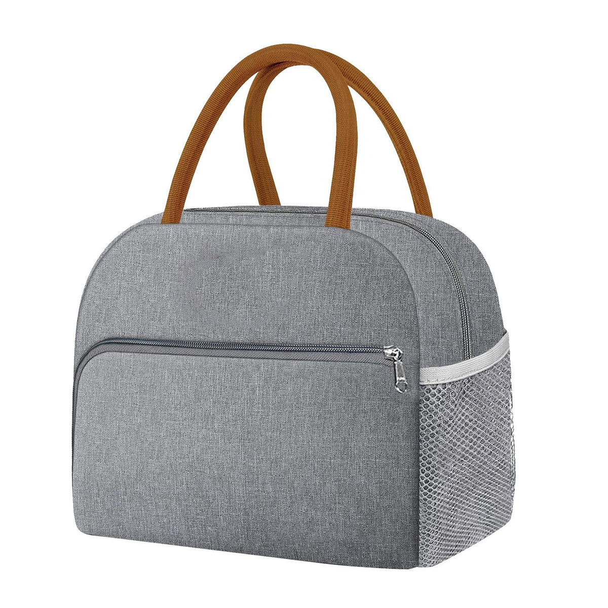 Grey reusable insulated lunch bag for women and men, leakproof thermal food handbag for office, picnics, and outdoor trips.