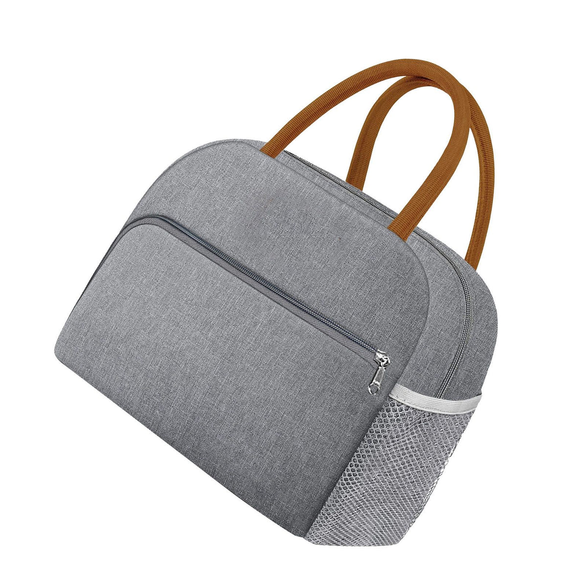 Grey reusable insulated lunch bag for women and men, leakproof thermal food box for office, picnics, and outdoor trips.