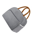 Grey reusable insulated lunch bag for women and men, leakproof thermal food box for office, picnics, and outdoor trips.