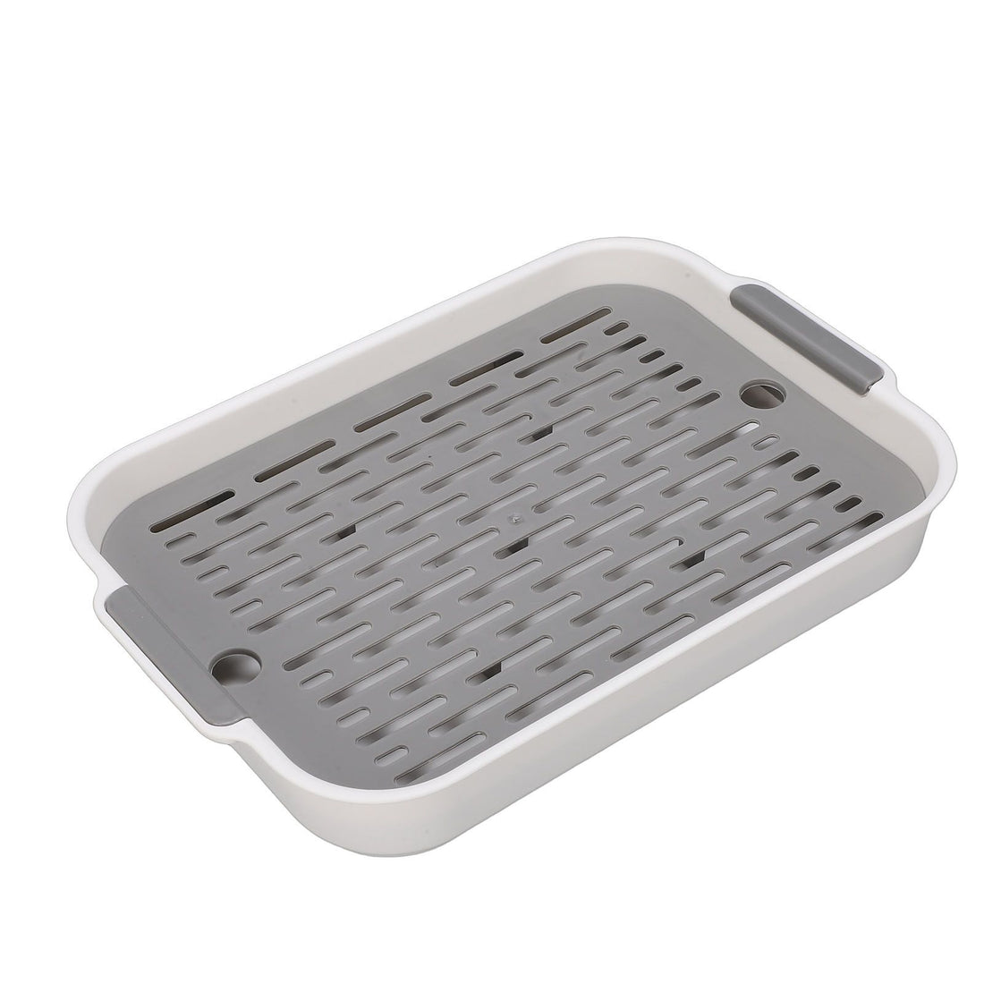 White rectangular plastic double-layer baby dish drying tray with compartments for cups, fruit, and snacks, size S.