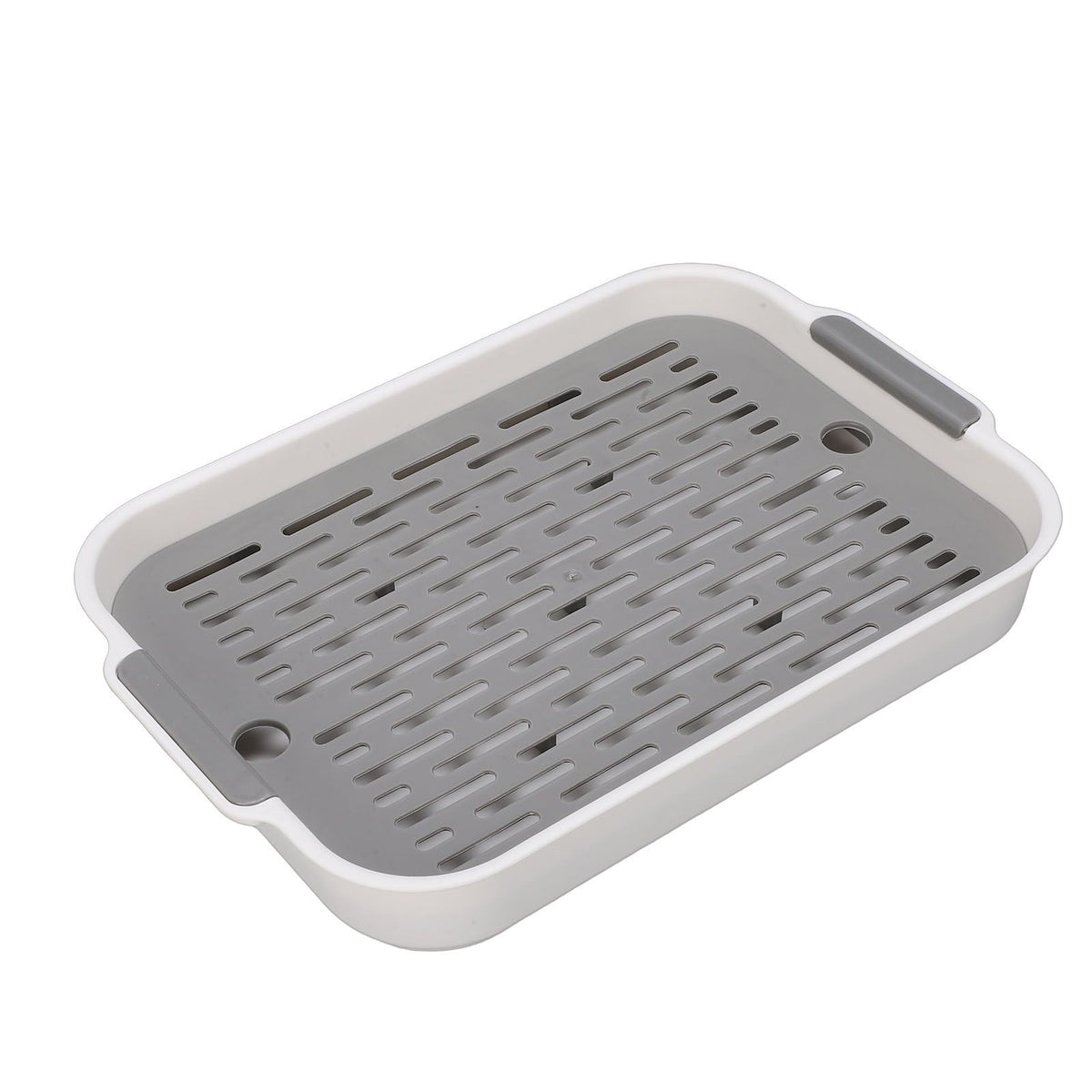White rectangular plastic double-layer baby dish drying tray with compartments for cups, fruit, and snacks, size S.