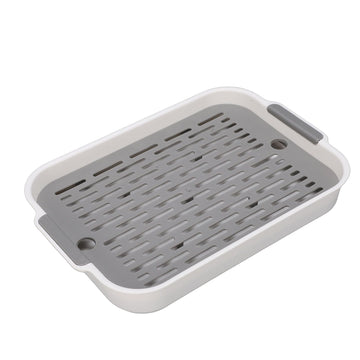 White rectangular plastic double-layer baby dish drying tray with compartments for cups, fruit, and snacks, size S.