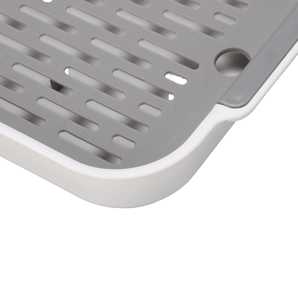 White rectangular plastic double-layer dish drying tray for cups, fruit, and snacks, ideal for baby and kids nursing and feeding.