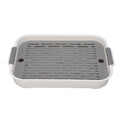 White rectangular plastic double-layer cup drying tray with space for fruit, water cups, and snacks, ideal for baby feeding accessories.