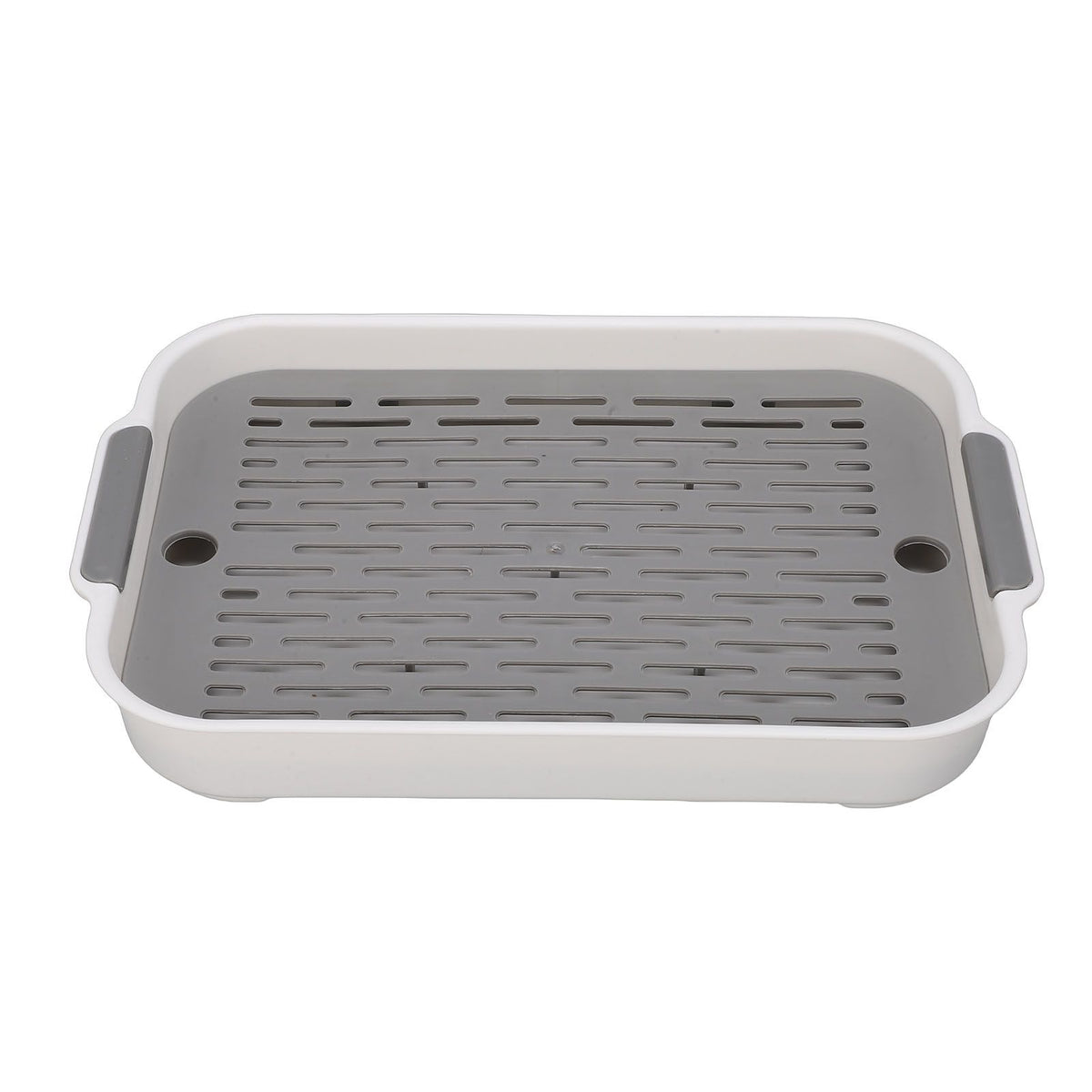 White rectangular plastic double-layer cup drying tray with space for fruit, water cups, and snacks, ideal for baby feeding accessories.