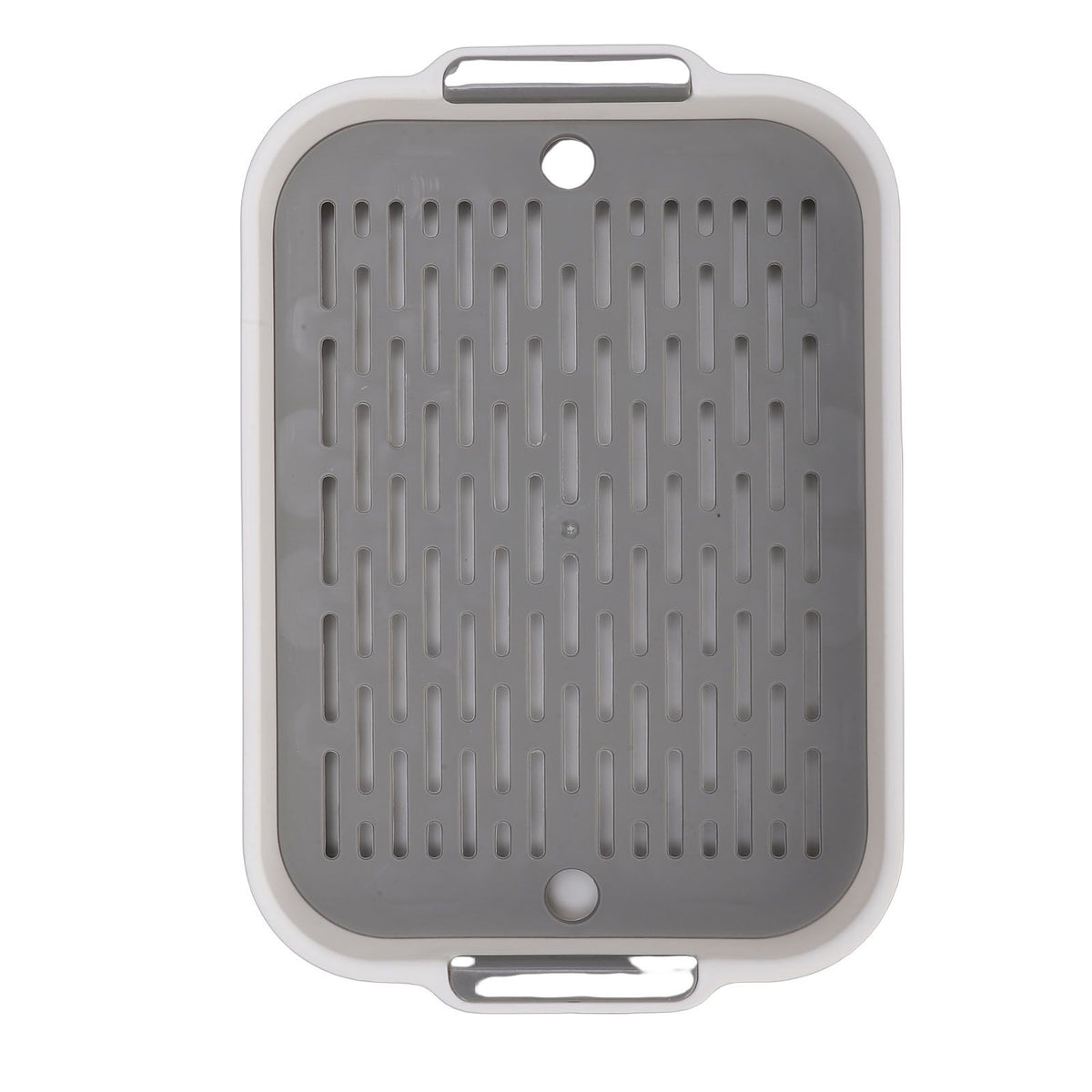 White rectangular plastic double-layer cup drying tray with compartments for fruit, water cups, and snacks, ideal for baby feeding.