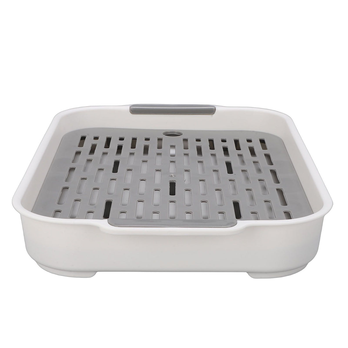 White rectangular plastic baby drying tray with double layers for drying cups, fruits, and snacks, ideal for nursing and feeding use.