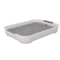 White rectangular plastic double-layer baby dish drying tray with compartments for cups, fruit, and snacks, ideal for nursing and feeding.