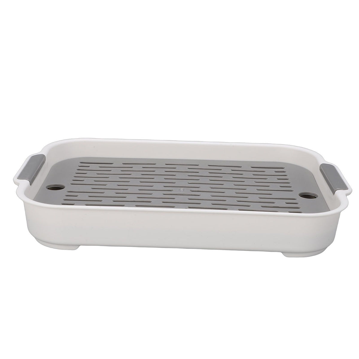 White rectangular plastic baby drying tray with double layers for drying cups, fruit, and snacks, ideal for nursing and feeding.