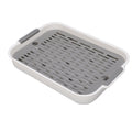White rectangular plastic double-layer cup drying tray for drying cups, fruits, and snacks, ideal for baby and kids feeding.