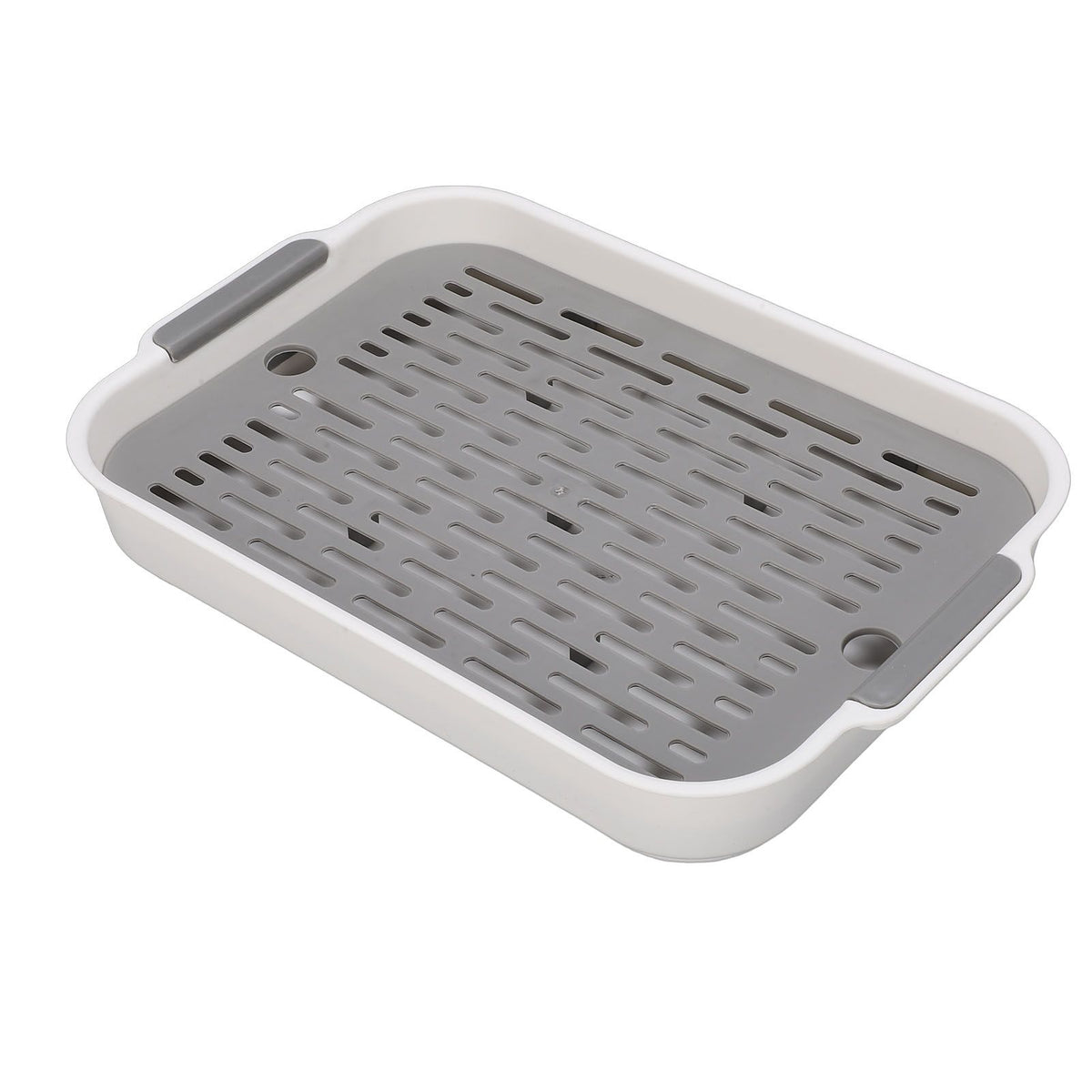 White rectangular plastic double-layer cup drying tray for drying cups, fruits, and snacks, ideal for baby and kids feeding.