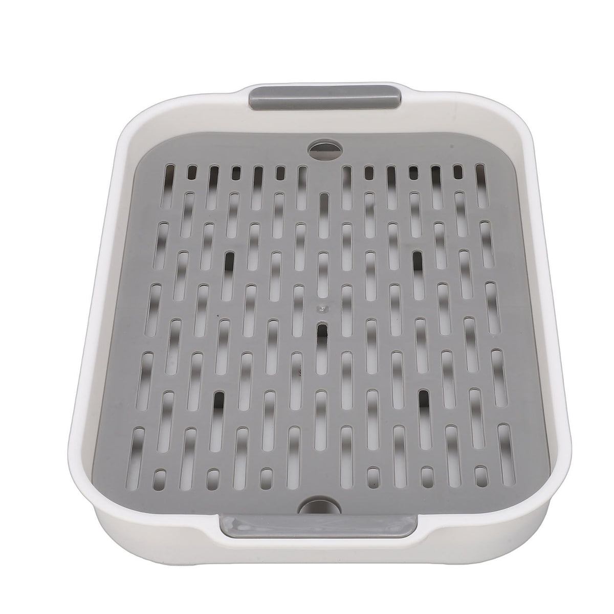 White rectangular plastic double-layer cup drying tray with compartments for fruit, water, cups, and snacks, ideal for baby feeding.
