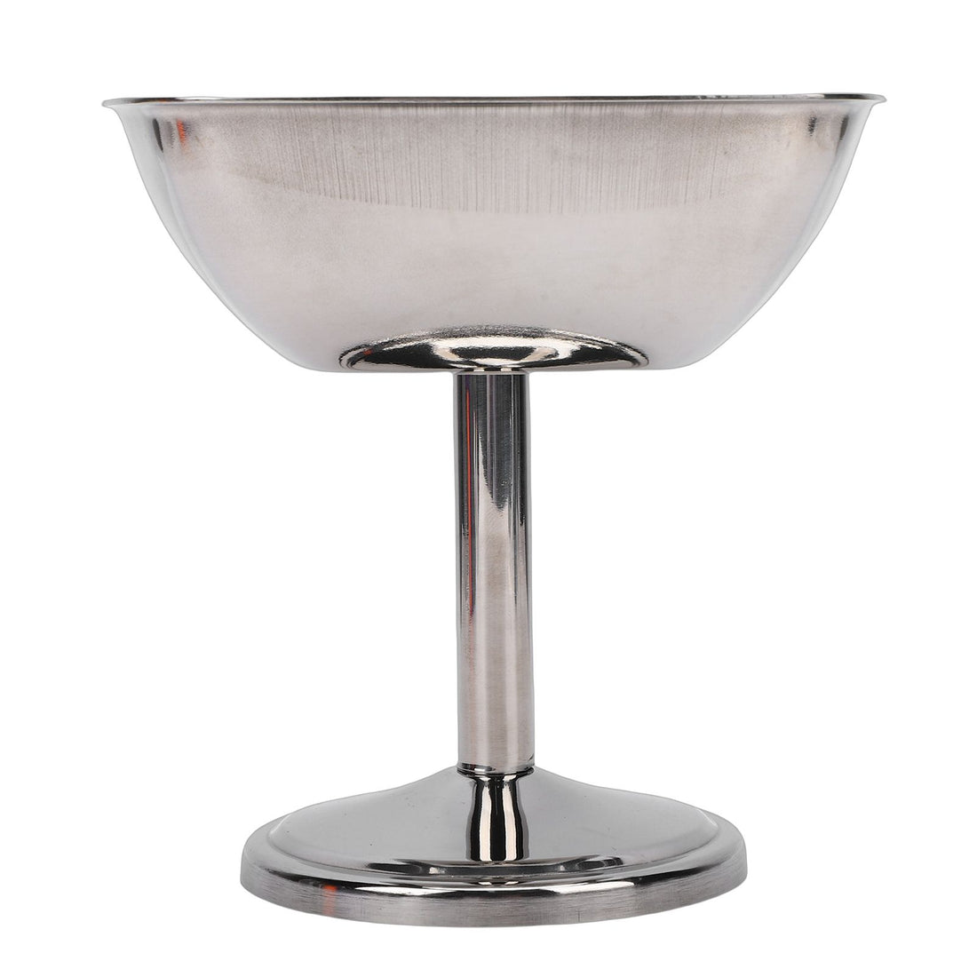 Stainless steel ice cream cup and dessert serving bowl with footed design, ideal for snacks, salads, and pudding in a party setting.
