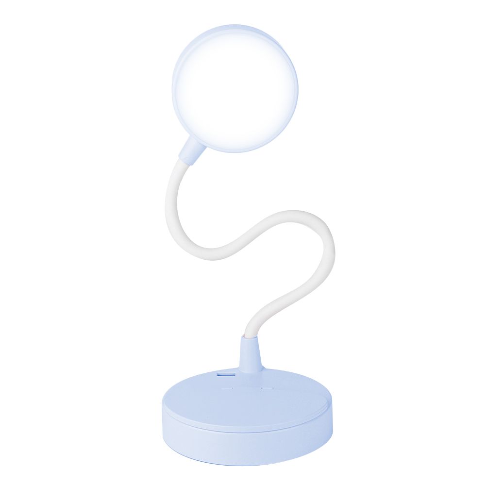 Blue rechargeable LED desk light by Everything Baby, compact mini reading lamp for kids' desks and night reading.