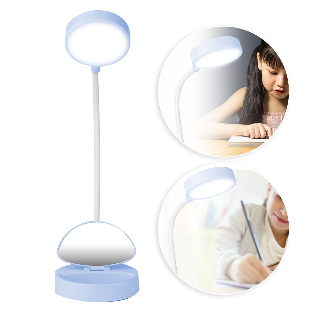 Blue mini desktop LED night light by Everything Baby, rechargeable USB reading lamp for kids' desks and bedside use.