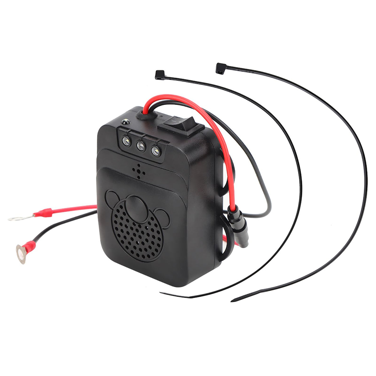 Electronic ultrasonic rat repeller mounted on vehicle with LED strobe light, designed for pest control in cars and ride-on vehicles.