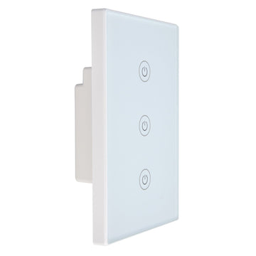 Glass panel 3-gang smart touch switch by Everything Baby, voice-activated WiFi light switch for Google Home integration.