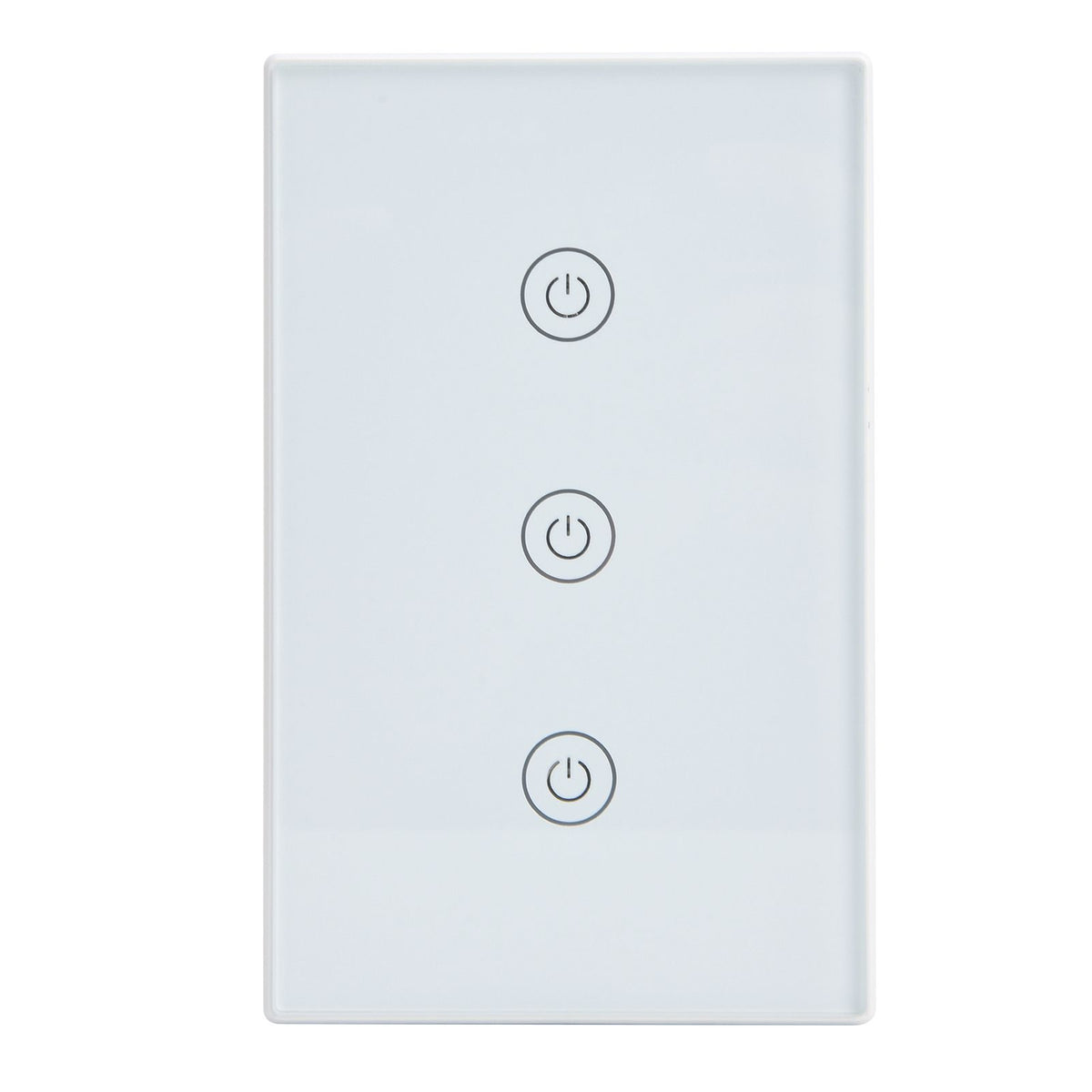 Glass panel 3 gang smart touch light switch by Everything Baby with voice, app, and Wi-Fi control for smart home automation.