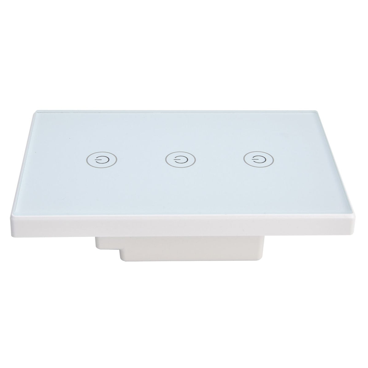Glass panel 3-gang smart touch light switch by Everything Baby with voice and Wi-Fi control for Google Home integration.