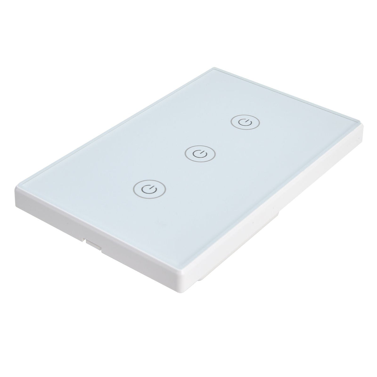 Glass panel 3-gang smart touch switch by Everything Baby, voice-controlled WiFi light switch for Google Home compatibility.