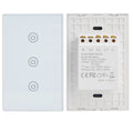 Glass panel 3-gang smart touch switch with voice and remote control for WiFi-enabled light control, compatible with Google Home.
