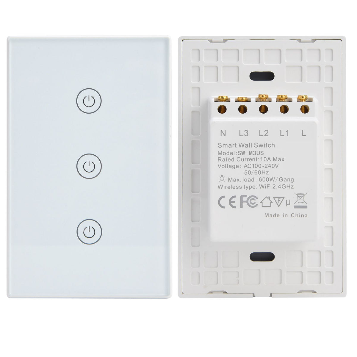Glass panel 3-gang smart touch switch with voice and remote control for WiFi-enabled light control, compatible with Google Home.