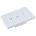 Glass panel 3-gang smart touch light switch with voice control and Wi-Fi, compatible with Google Home for remote operation.