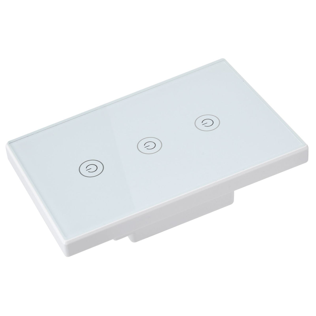 Glass panel 3-gang smart touch light switch with voice control and Wi-Fi, compatible with Google Home for remote operation.
