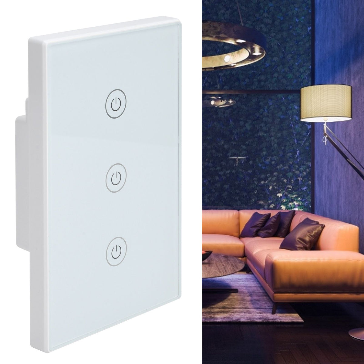 Glass panel 3 gang smart touch switch by Everything Baby, voice-activated wifi light switch for Google Home control.