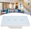 Glass panel 3-gang smart touch switch by Everything Baby, voice-controlled WiFi light switch compatible with Google Home.