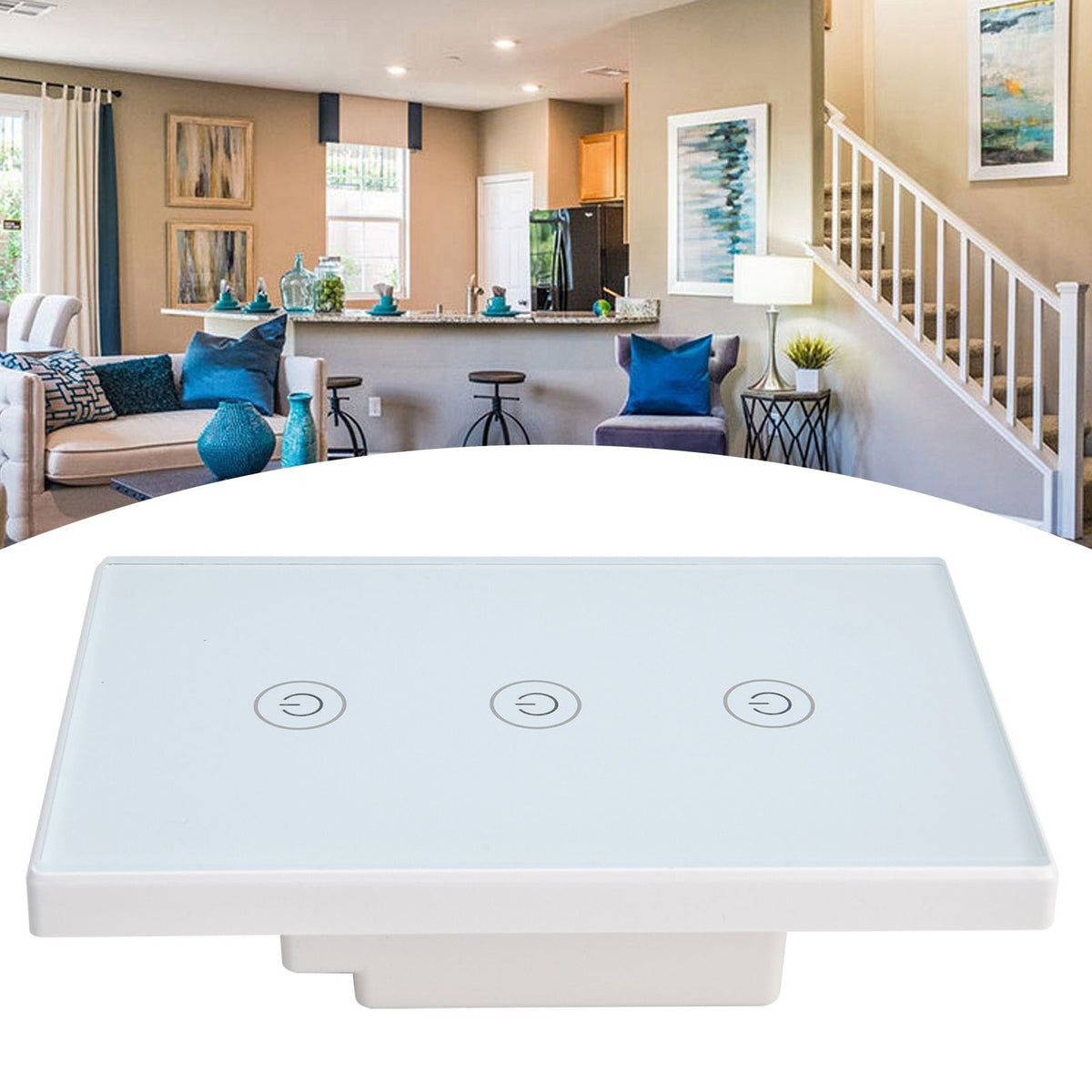 Glass panel 3-gang smart touch switch by Everything Baby, voice-controlled WiFi light switch compatible with Google Home.