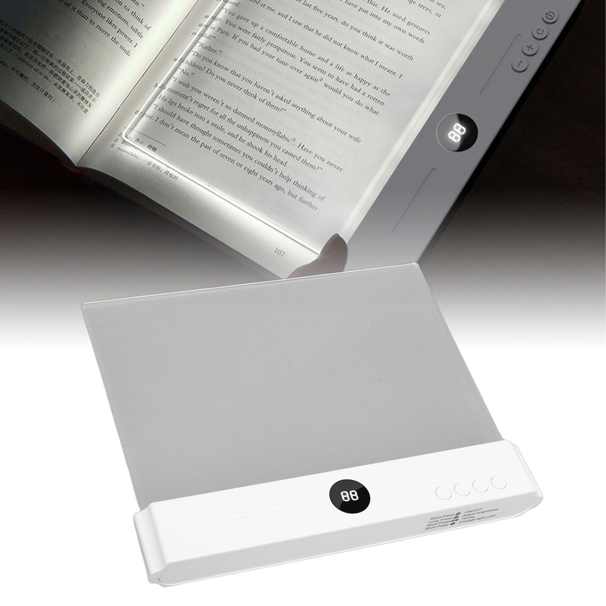 Rechargeable LED flat book light with 3 color options, dimmable, timer, designed for kids' desks and study areas by Everything Baby