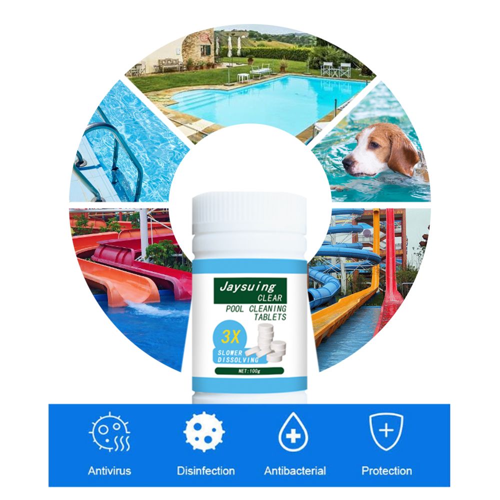 Effervescent swimming pool cleaning tablets from Everything Baby, used for sanitizing and maintaining clear pool water.