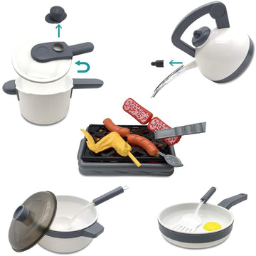 Kids pretend play kitchen set by Everything Baby with cookware, utensils, play food, and cutlery for early educational fun.
