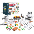 Kids pretend kitchen playset with cookware, utensils, and play food, designed for children’s early educational pretend play.
