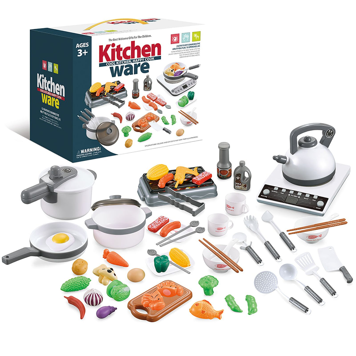Kids pretend kitchen playset with cookware, utensils, and play food, designed for children’s early educational pretend play.