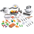 Kids pretend play kitchen set with cookware, pots, pans, food, and utensils for kids' educational and imaginative play.