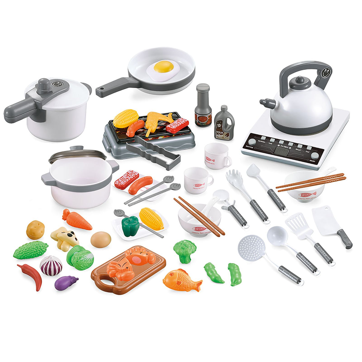 Kids pretend play kitchen set with cookware, pots, pans, food, and utensils for kids' educational and imaginative play.