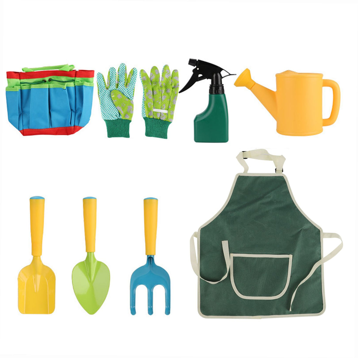 8-piece kids garden tools set with shovels, trowel, rake, gloves, sprayer, and apron for boys and girls outdoor gardening play.