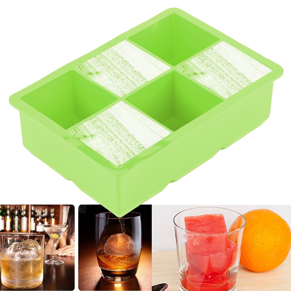 Green silicone ice cube maker with six cavities, ideal for making chocolate or candy molds in the kitchen.