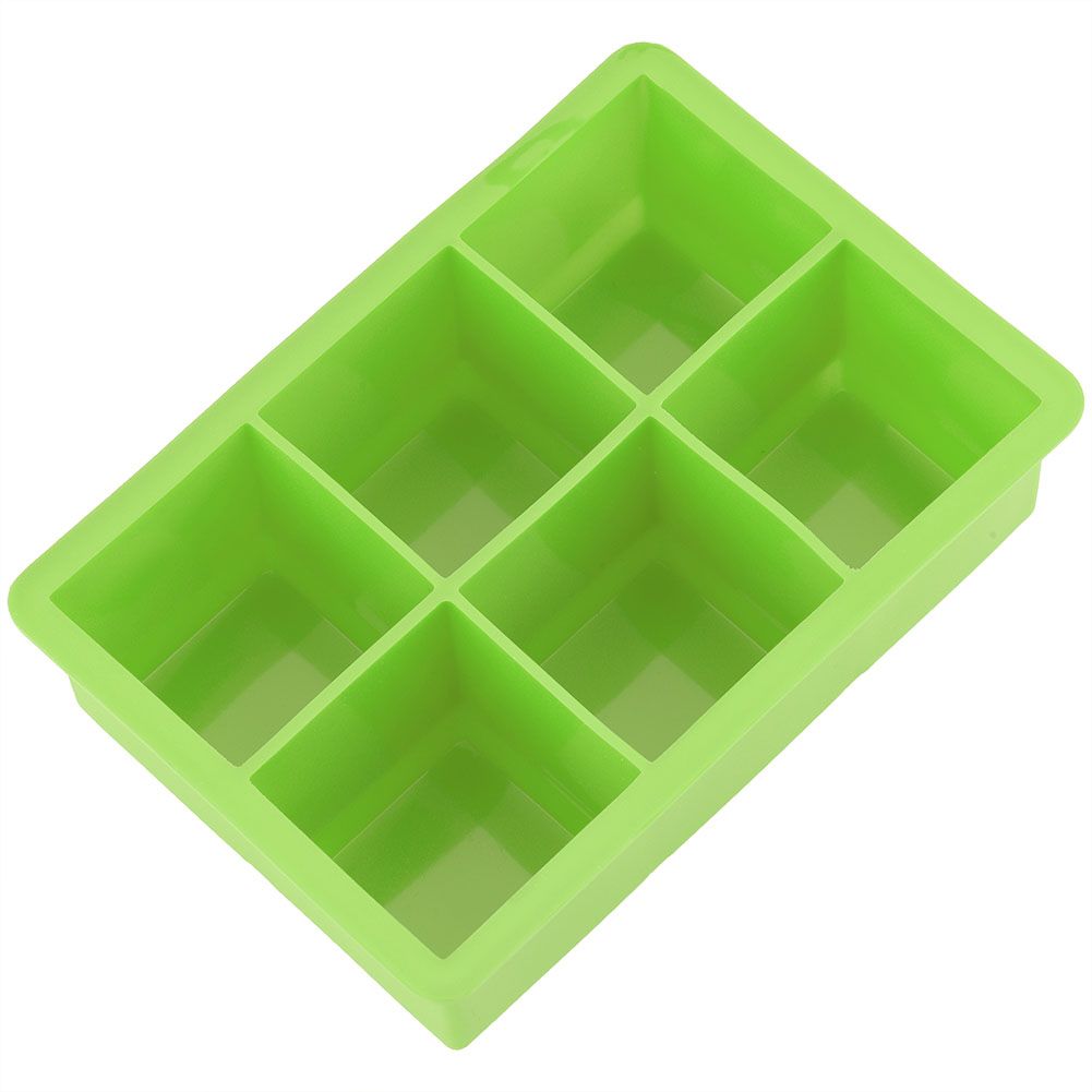 Green silicone ice cube maker with six cavities, versatile mold for chocolates and candies, suitable for kitchen and cooking use.
