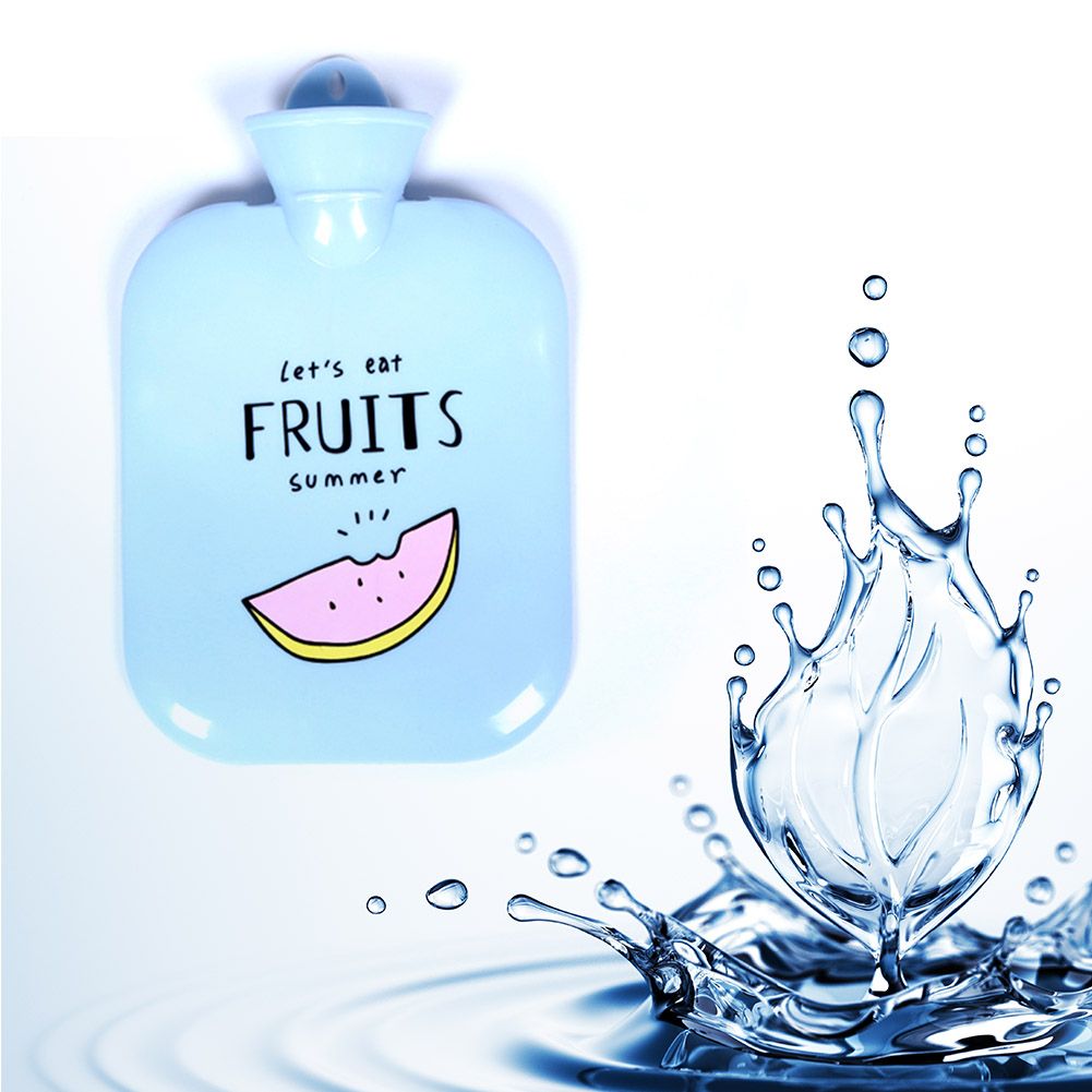 Blue PVC hot water bottle cover with cute cartoon pattern, designed for kids' hand warming and cold therapy.