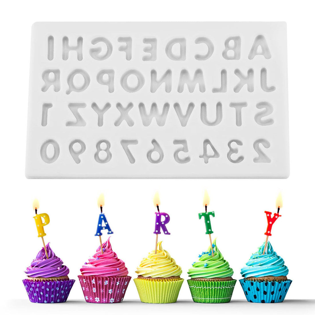 Gray silicone cake fondant mold with letter shapes, ideal for decorating baby and kids' cakes and treats.