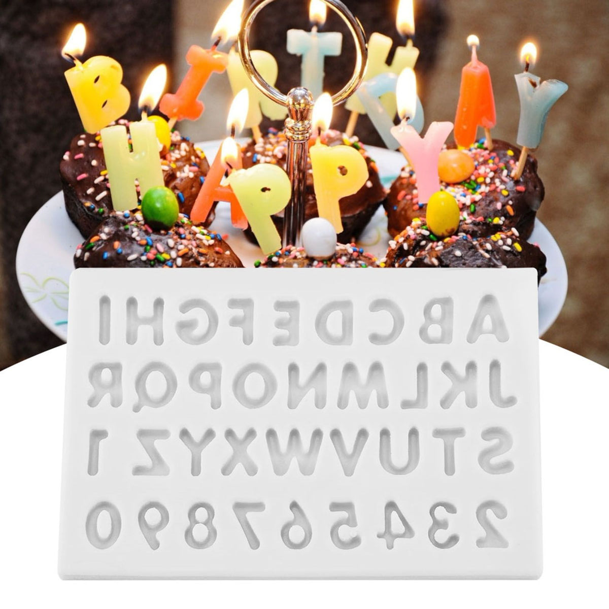 Gray silicone mold with letter shapes for cake decorating, perfect for fondant and chocolate in baking projects.