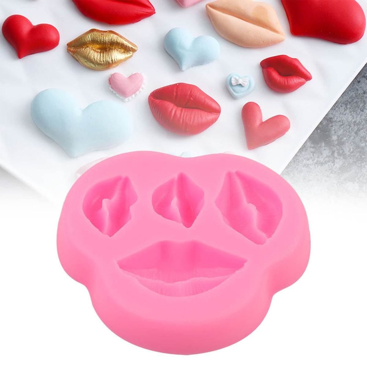 Pink silicone cartoon cake mold with lips shape, suitable for baking and creative art projects for kids and parties.