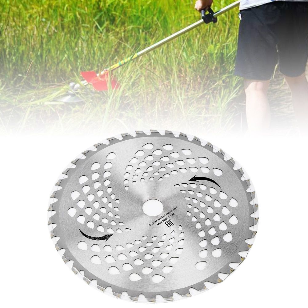 Steel round lawn trimmer blade with 40 teeth for grass cutting, compatible with garden tools, designed for outdoor yard work.