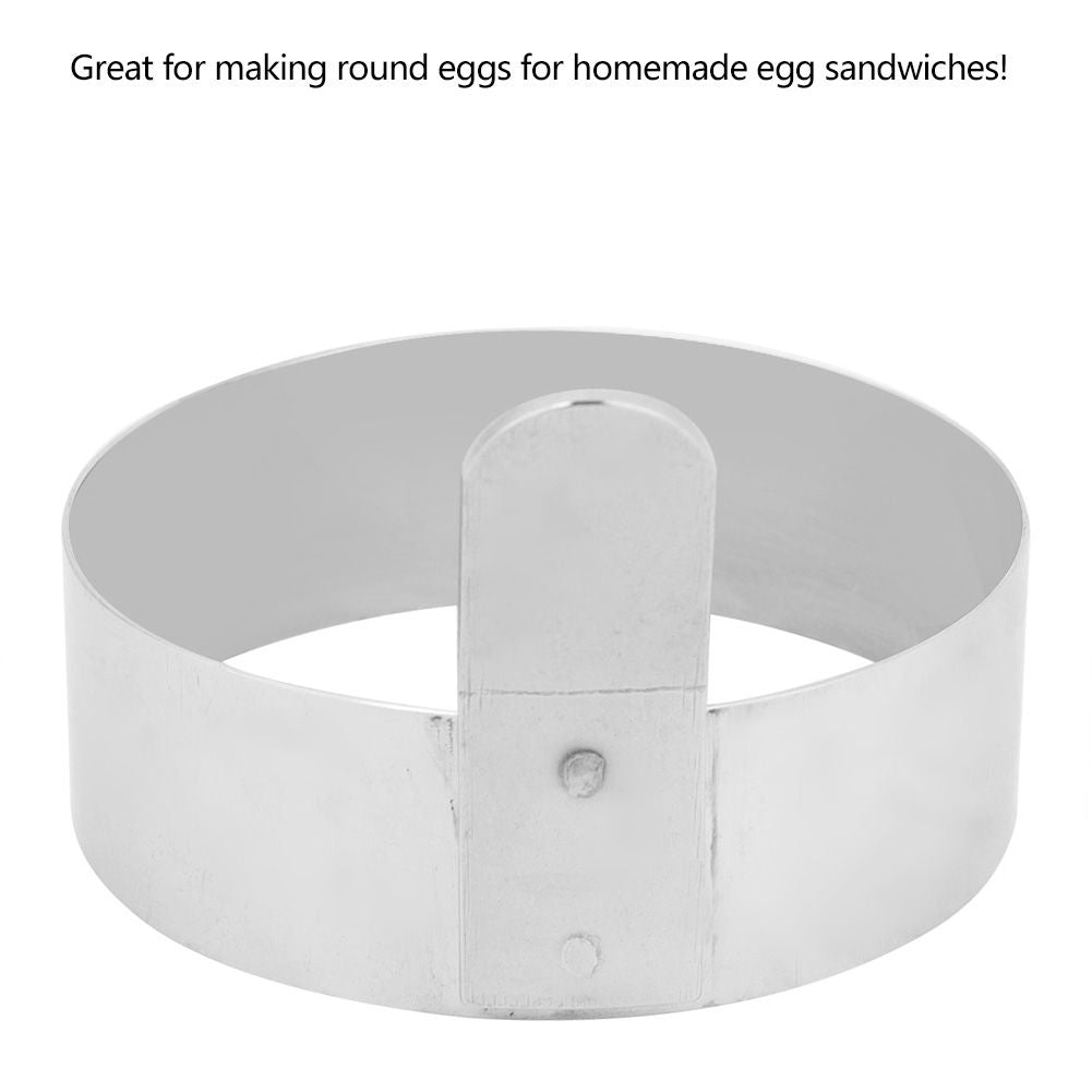 Stainless steel round pancake ring and fried egg mold by Everything Baby, used for making pancakes and fried eggs.