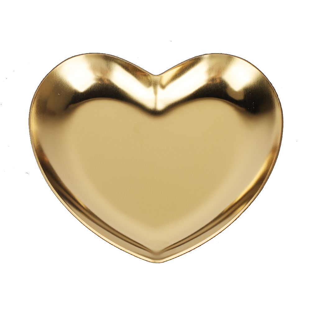 Gold stainless steel heart-shaped plate tea tray and jewelry organizer, ideal for baby feeding and nursery accessories.