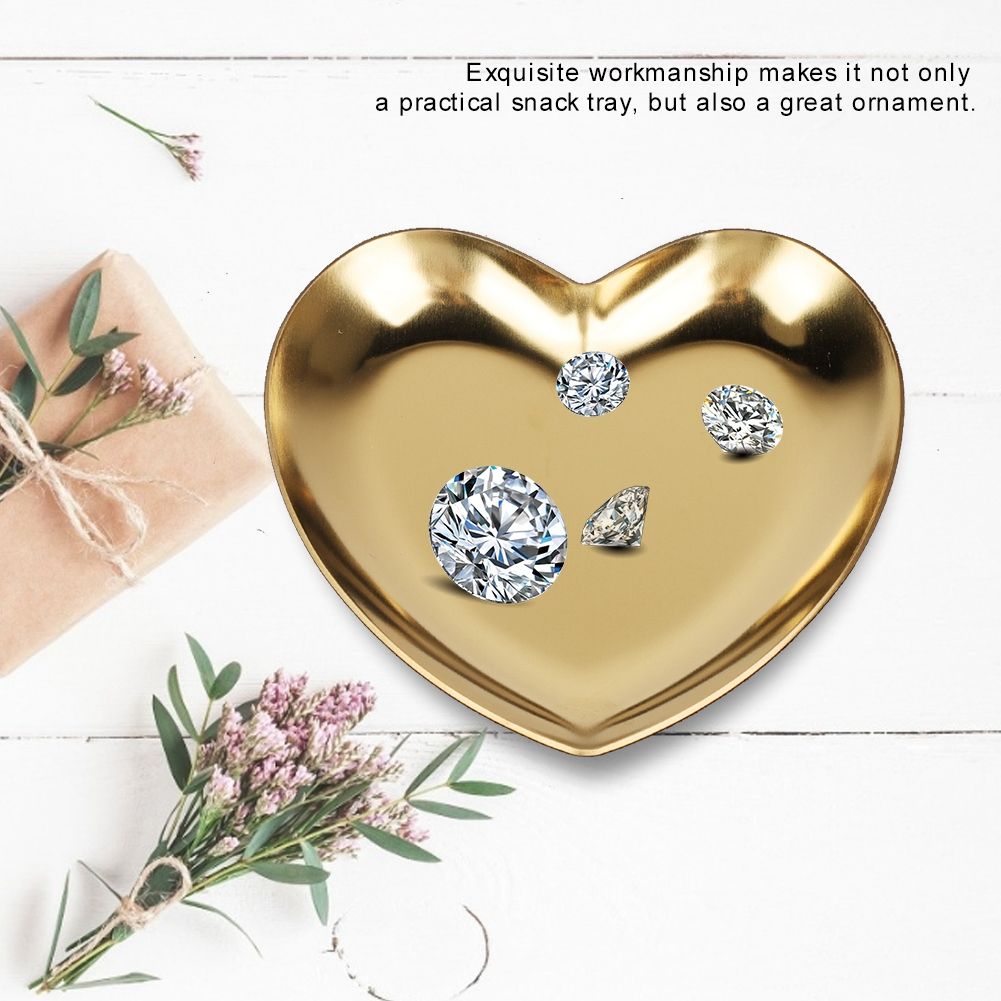 Gold stainless steel heart-shaped tray with compartments, used as a tea tray, fruit tray, or jewelry organizer for baby and kids.